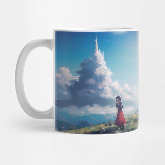 A girl in a red dress standing on a hill and looking at castle shaped clouds by Tazlo